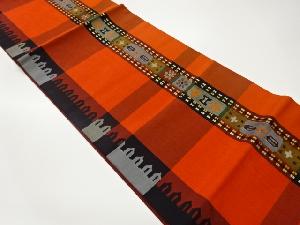 手織り紬縞に横段・花々・抽象模様織出し開き名古屋帯（額縁仕立て）